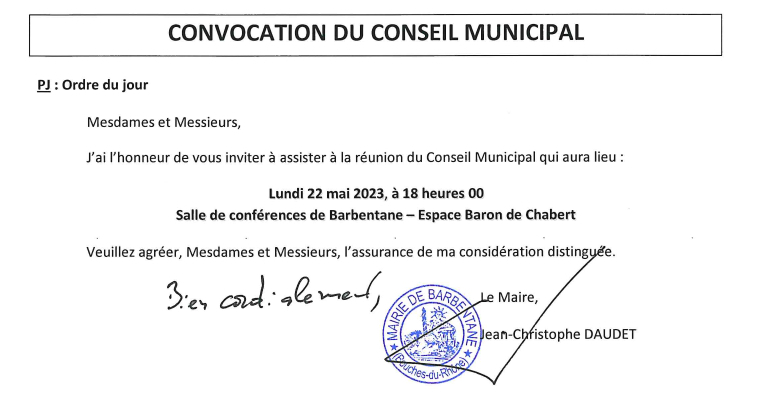 Ordre du jour du conseil municipal du 22.05.2023