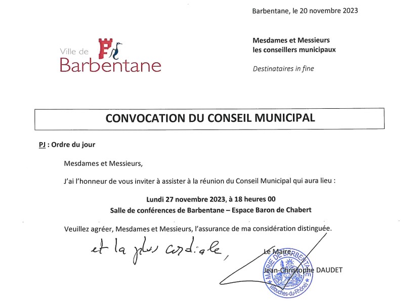 Conseil municipal du 27 novembre 2023