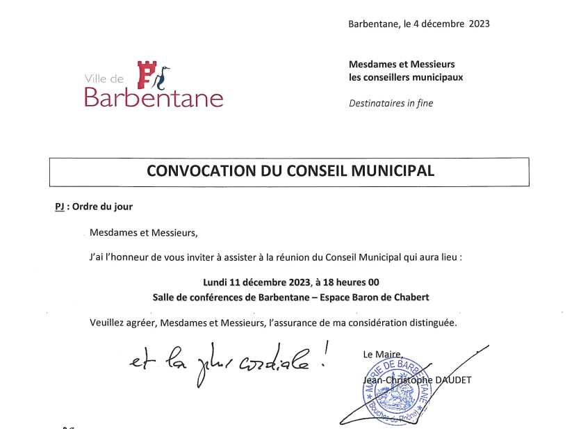 Conseil municipal du 11 décembre 2023