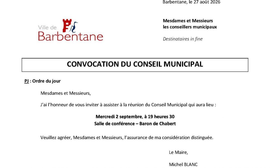 Ordre du jour conseil municipal du 2 septembre 2026